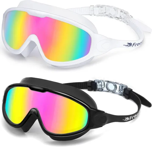 Freela 2 Pack Swim Goggles for Adult Men Women,180°Wide Vision Anti-fog UV Protection No Leak Clear Swimming Goggles Rosado y blanco