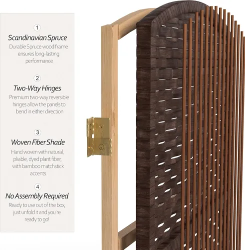 Miniatura 4 de Divisor de ambiente resistente de 6 pies, pantalla de privacidad plegable de fibra de ratán con patrón de diamante, Madera, Mocha oscuro