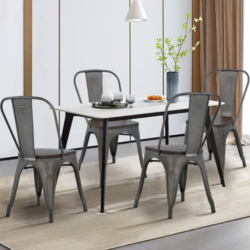 Dkelincs Juego de 4 sillas de comedor de metal con asiento de madera, 18 pulgadas, apilables, industriales, vintage, para interiores y exteriores,