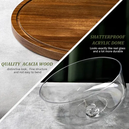 Miniatura 5 de ANBOXIT Soporte para pasteles con tapa de cúpula, plato de madera de acacia con tapa, soporte de exhibición de pastel de madera con cúpula acrílica