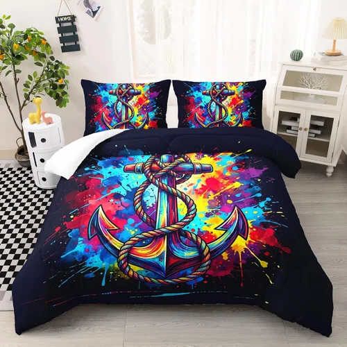 AILONEN Juego de edredón náutico de 3 piezas, ropa de cama de graffiti colorido, colcha de decoración de dormitorio de niños y niñas, funda de