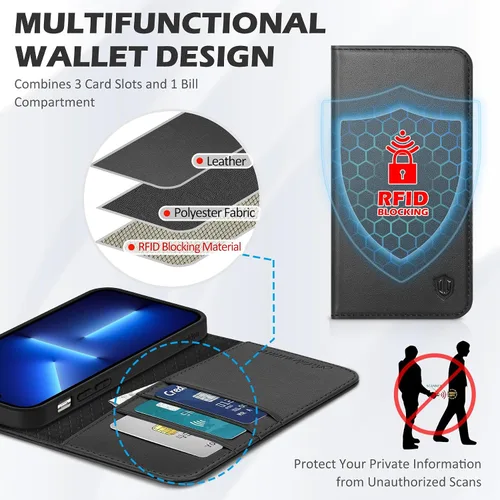 Miniatura 4 de SHIELDON Funda para iPhone 13, de piel auténtica, con función atril, bloqueo RFID, tarjetero de crédito, a prueba de golpes, protección completa