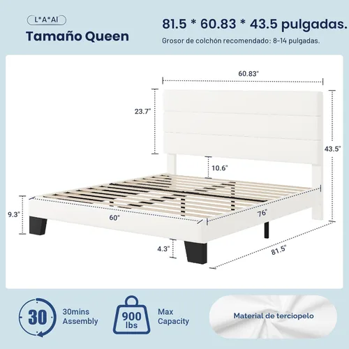 Miniatura 2 de Allewie Base de cama de plataforma tamaño Queen con cabecera tapizada de terciopelo y soporte de listones de madera, base de colchón completa,