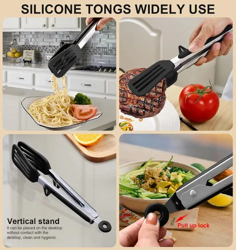 Miniatura 5 de Juego de 4 espátulas de silicona flexible y pinzas para alimentos de cocina con puntas de silicona, resistente al calor de 600 °F, ideal