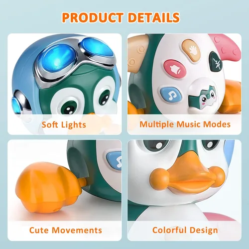 Miniatura 5 de MOONTOY Juguetes musicales de pingüino gateador para bebés de 0-3-6 6-12 meses, juguetes luminosos para tiempo boca abajo, juguetes de baile