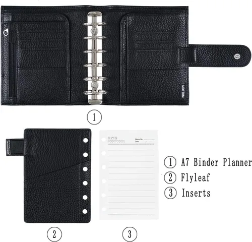 Miniatura 2 de Moterm Planificador de Anillos de Lujo de Bolsillo - Organizador de Carpeta de Cuero Genuino (Pebble-Negro, Argolla de 1.18 pulgadas (30 mm))