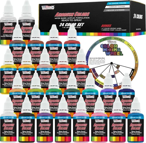 U.S. Art Supply Aerógrafo acrílico de 24 colores, juego de pintura de cuero y zapatos, colores opacos más reductor, limpiador y rueda de mezcla de