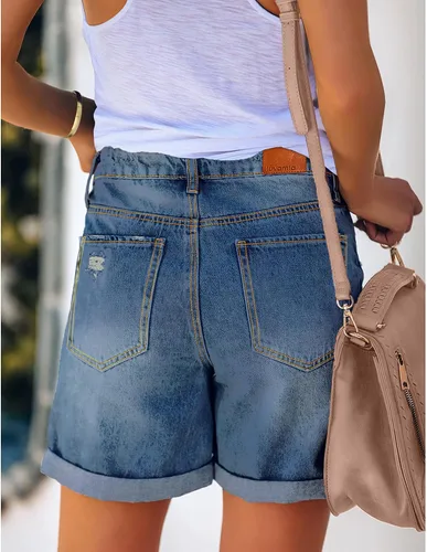 Miniatura 2 de luvamia Pantalones cortos de mezclilla rasgados casuales para mujer, cintura alta, desgastados, con dobladillo enrollado, pantalones cortos de jeans