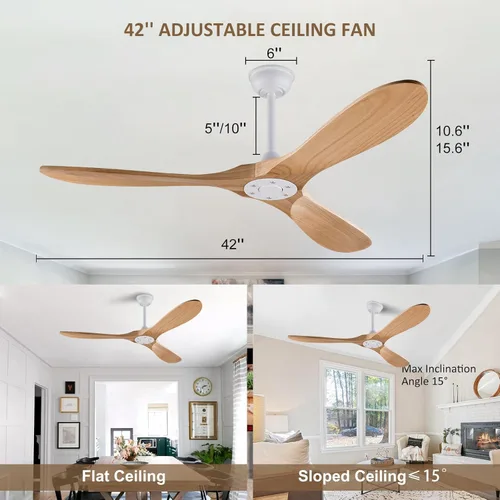Miniatura 2 de Ventilador de techo de 42 pulgadas de madera sin luz, ventiladores modernos de 3 aspas con control remoto, motor DC reversible silencioso, Madera