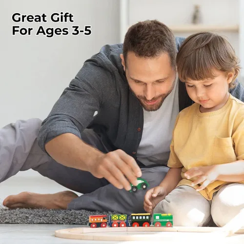 Miniatura 5 de On Track USA Juego de tren de madera de 35 piezas todo en uno con trenes magnéticos y accesorios ferroviarios, viene en un recipiente transparente