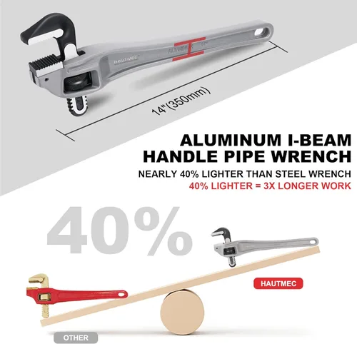 Miniatura 2 de HAUTMEC Llave de tubería compensada de aluminio de 14 pulgadas, llave de fontanería ajustable resistente, capacidad de mandíbula de 2 pulgadas