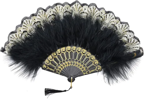 BABEYOND Abanico de plumas de marabú estilo vintage de los años 20, abanico plegable de mano estilo flapper para disfraz y baile