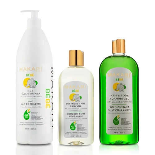 MAKARI Set de cuidado para bebés: Bebe Cleansing Milk (33.8 fl oz), aceite para bebés y gel espumoso para cabello y cuerpo, suave, nutritivo,