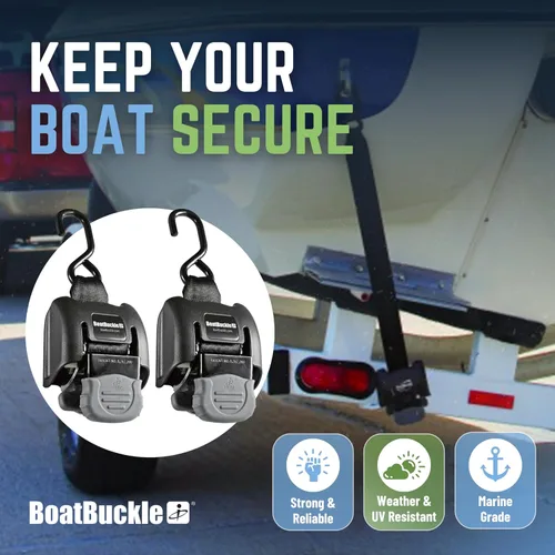 Miniatura 4 de BoatBuckle G2 Correas de amarre para popa de barco a remolque 2x43 pulgadas, 1134 kg de resistencia a la rotura, correas de trinquete retráctiles