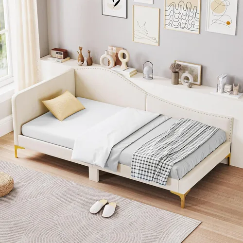 Giantex Sofá cama tapizado tamaño individual, plataforma con remaches y cabecero, patas de metal y listones de madera, sofá cama esquinero en forma