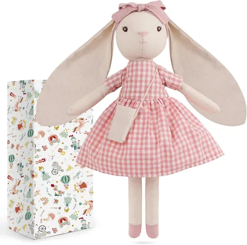 Peluche de conejo de 15 pulgadas para niñas, muñeca de juguete de peluche con vestido rosa a cuadros, bonito juego de muñeca para vestir para niñas