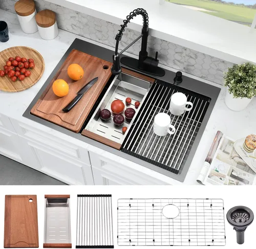 Miniatura 17 de Fregadero de barra negra de 15 x 15 pulgadas, fregadero de cocina pequeño de acero inoxidable negro calibre 16, fregadero de estación de trabajo