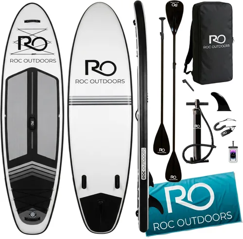 Roc Tabla de remo inflable con accesorios y mochila de alta calidad, cubierta antideslizante, bolsa impermeable, correa, remo y bomba de mano.