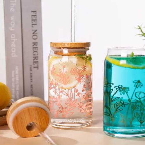 Miniatura 4 de SUNNOW Vasos de 16 onzas con diseño de flores silvestres con tapas y pajitas de bambú, tazas de café helado para cenas en casa, bar y fiesta, juego