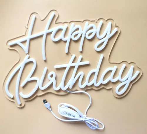 Miniatura 6 de Letrero LED de neón de feliz cumpleaños con interruptor regulable, decoración de fiesta, blanco cálido, funciona con USB, para telón de fondo