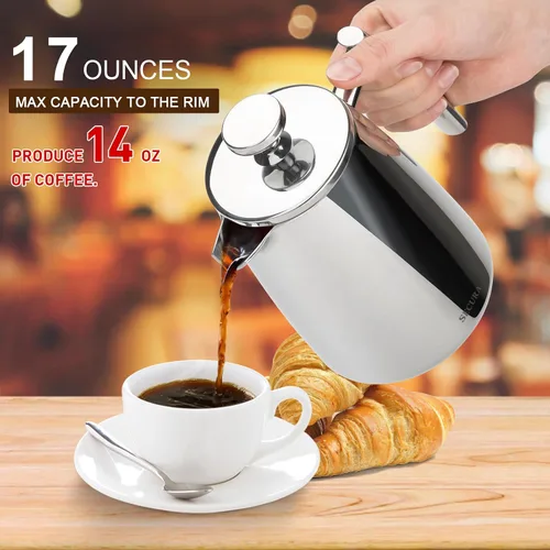 Miniatura 2 de Secura Cafetera de prensa francesa, 17 onzas, prensa de café aislada de acero inoxidable 304 con pantalla adicional