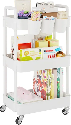 Miniatura 13 de UDEAR Carrito utilitario rodante de 3 niveles, estantes de almacenamiento multifuncionales con asa y ruedas con cerradura para habitación, oficina