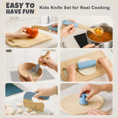 Miniatura 9 de Juego de Cocina de Madera para Niños de 29 Piezas, Herramientas de Cocina y Hornear Montessori para Niños Pequeños para Cocina Real, 3 Cuchillos