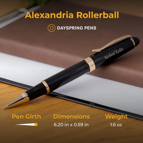 Miniatura 5 de Dayspring Pens Alexandria - Bolígrafo de punta redonda, negro con borde dorado, barril grande, grabado dorado en la tapa, repuesto estándar