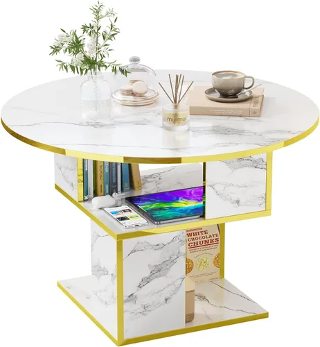 Miniatura 8 de Elephance Mesa de centro redonda con almacenamiento, mesa de centro de 3 niveles para sala de estar, mesa de madera, mármol blanco con marco dorado
