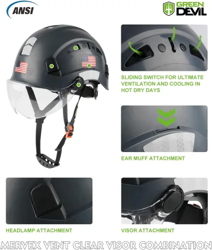 Miniatura 3 de GREEN DEVIL Casco de Seguridad Casco Duro con Visera Correa de Barbilla Ajustable Ligero Ventilado ABS Casco de Trabajo para Hombres y Mujeres Gris