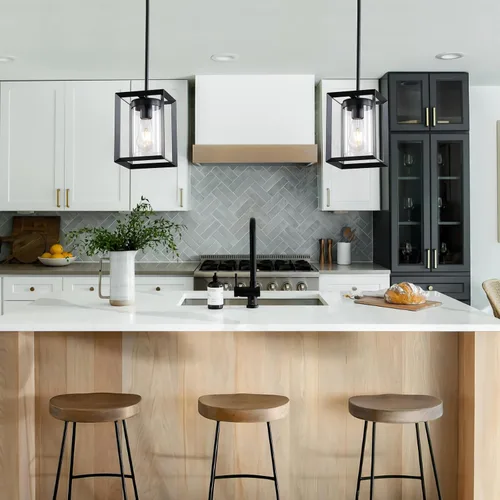 Miniatura 4 de Paquete de 2 lámparas colgantes de isla de cocina color negro, altura ajustable, barra de metal colgante moderna con jaula de metal y pantalla