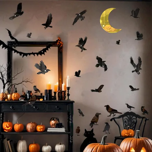 Miniatura 14 de Barri Design Calcomanías de pared de murciélago de Halloween, árbol de luna, bruja, calcomanías de pared extraíbles para Halloween, calcomanías