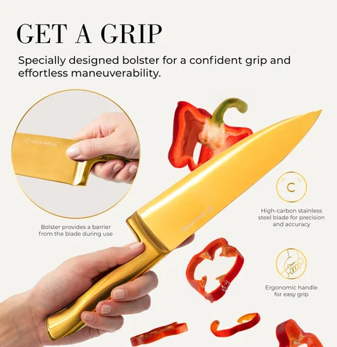 Miniatura 6 de STYLED SETTINGS juego de cuchillos con bloque blanco y dorado – 14 piezas, cuchillos de acero inoxidable con revestimiento de titanio de espiga