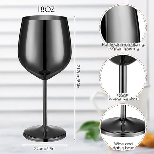 Miniatura 2 de Tessco for you Juego de 6 copas de vino de acero inoxidable de 18 onzas, copas de vino de metal irrompibles, copas doradas para fiestas, bodas, Negro