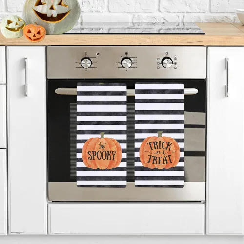 Miniatura 3 de Secarond Juego de 2 paños de cocina espeluznantes de Halloween de 18 x 28 pulgadas, juego de 2, paños de cocina de Halloween a rayas para cocinar
