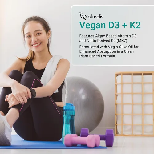 Miniatura 7 de Naturalis Vitamina vegana D3+K2 de algas 5000 UI D3 con 120 mcg MK7 Certificado de la sociedad vegana, de origen sostenible, mejor que