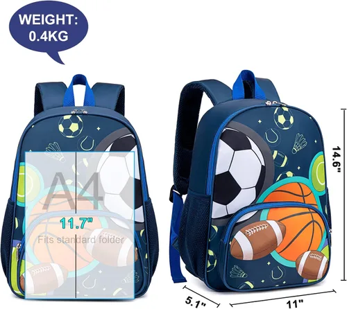 Miniatura 7 de BTOOP Mochila escolar para niños, mochila escolar para preescolar y jardín de infantes con unicornio con clip para el pecho, Sportball-azul marino