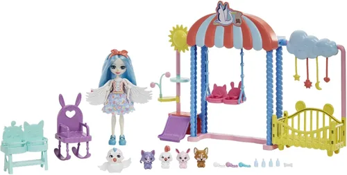 Enchantimals Muñeca y accesorios, juego de la guardería, muñeca Starley Stork, gorila y 4 figuras de animales Baby Bestie, cuna y más, mejores