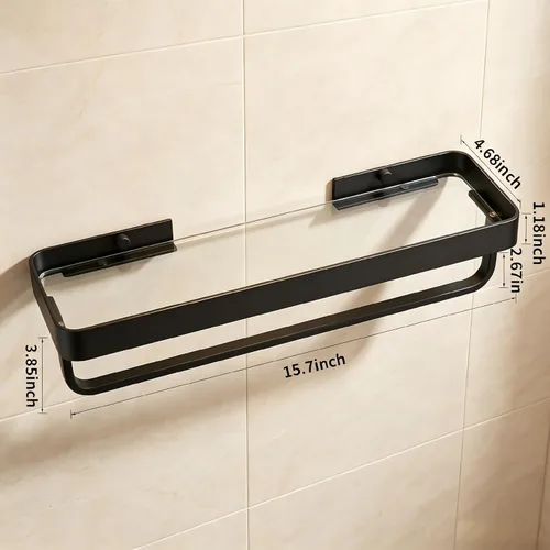 Miniatura 2 de VOLPONE Estante de pared para baño, estantes de vidrio negro, estantes de baño de 15.7in con toallero, estante para toallas, montaje en pared, 2