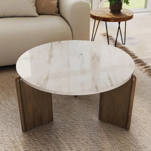 Miniatura 8 de Travertine Texture - Mesa de centro de 31.5 pulgadas moderna de mármol sintético, mesa central de círculo bajo para sala de estar, mesa redonda