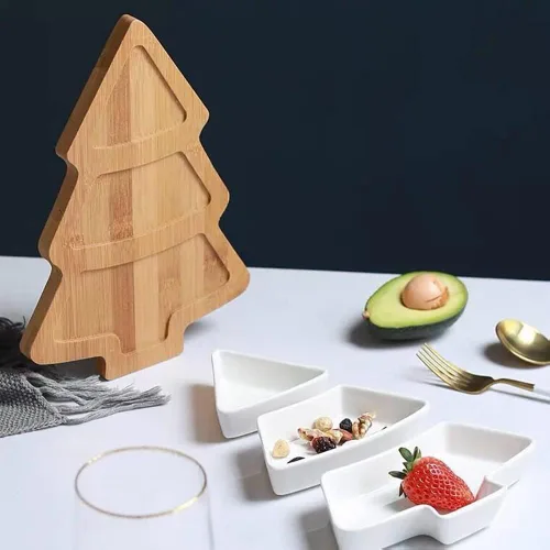 Miniatura 5 de Bandeja de bambú para árbol de Navidad, juego de platos de cerámica con diseño temático de Navidad, cuencos para servir para fiestas, perfectos