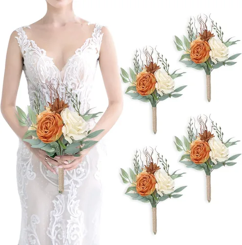 Miniatura 16 de Ramos de dama de honor para boda, juego de 6 ramos de flores artificiales para decoración de otoño, boda, propuesta de matrimonio, fiesta, Naranja