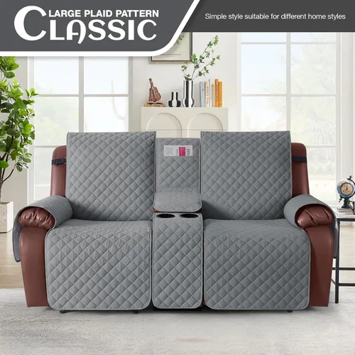 Miniatura 2 de KinCam Funda 100% impermeable para sofá biplaza reclinable con consola, fundas antideslizantes para sofá reclinable de 2 asientos, funda de sofá Gris