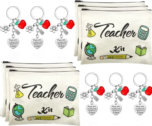 Sureio Juego de 12 piezas de regalo de agradecimiento para profesores, 6 bolsas de cosméticos de maquillaje y 6 llaveros para profesores, regalos de
