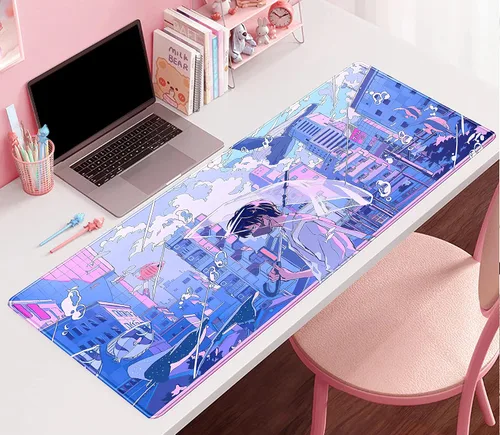 Miniatura 2 de Alfombrilla de escritorio Anime Kawaii Mousepad Linda Japonesa Alfombrilla de mouse grande para juegos XXL, Alfombrilla de teclado de laptop Azul