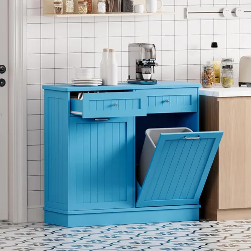 Miniatura 12 de Betterhood Gabinete de Basura Inclinable de 10 Galones de Madera Independiente Clasificador de Lavandería, Gabinete de Reciclaje con Cajón Oculto