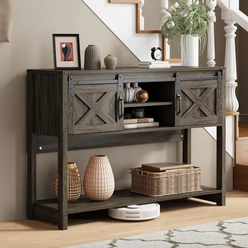 Mesa consola de granja con estante de almacenamiento y puerta corrediza de granero, mesa de entrada de madera con almacenamiento, mesa de sofá larga