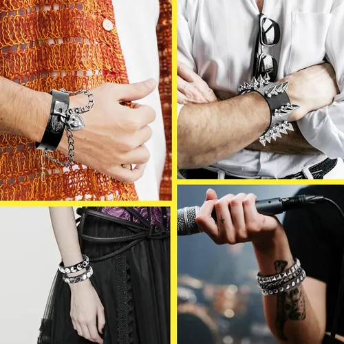 Miniatura 4 de 8 piezas de pulseras con pinchos, pulseras emo, pulsera de pinchos unisex, estilo rock genial de los 80, imprescindible para fiestas, festivales