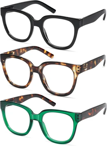 Miniatura 4 de AMOMOMA Paquete de 3 lentes de lectura cuadrados de gran tamaño para mujer, elegante, retro, bonita, para computadora con luz azul, para mujeres
