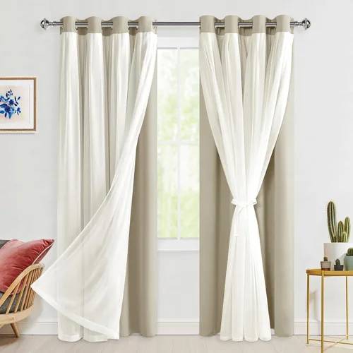 Miniatura 111 de Hiasan Cortinas opacas con superposición transparente, aislamiento térmico para mezclar y combinar de doble capa, cortinas de oscurecimiento de Beige